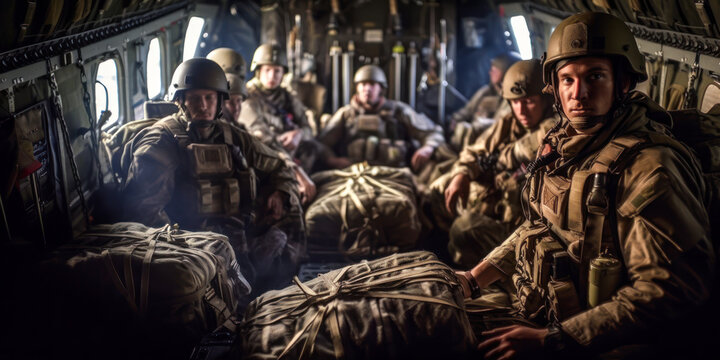 row of paratrooper in camouflage uniform hold T-10 static line