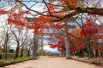 Fukuoka, Japan - Nov 30 2022: Homangu Kamado shrine located at Mt. Homan, venerated from ancient times as a sacred mountain, the shrine probably the inspiration for Kimetsu no Yaiba: Demon Slayer