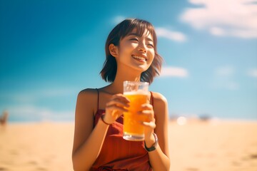 ビーチでビールを飲む女性 with generative ai