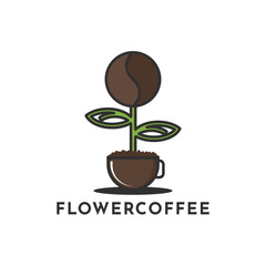 coffee bean with leaf plant and coffee cup logo design concept