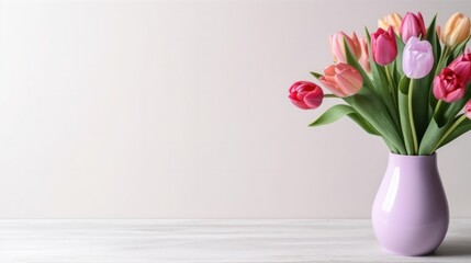 Beautiful bouquet of colorful tulip flowers on floor near white wall background.