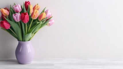 Beautiful bouquet of colorful tulip flowers on floor near white wall background.