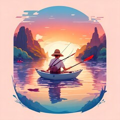Man fishing in boat at river with view after sunset, Generate AI