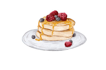 stack of pancakes with berry illustrations 