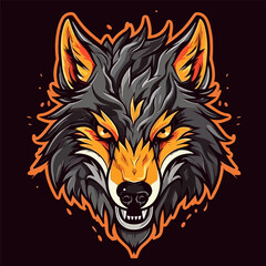 Wolf mascot sport logo design. Wolf animal mascot head vector illustration logo. Tiger head emblem design for eSports team. Character for sport and gaming logo concept. Black background.
