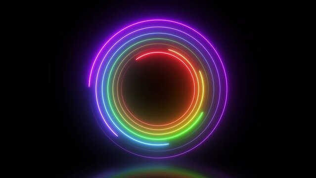 3d render neon glowing rainbow circle on black background. Seamless looping animation