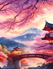 Winter nature landscape background in Japanese anime watercolor painting illustration style. Landscape illustration of Mount Fuji and Cherry Blossom Trees, in spring in Japan.