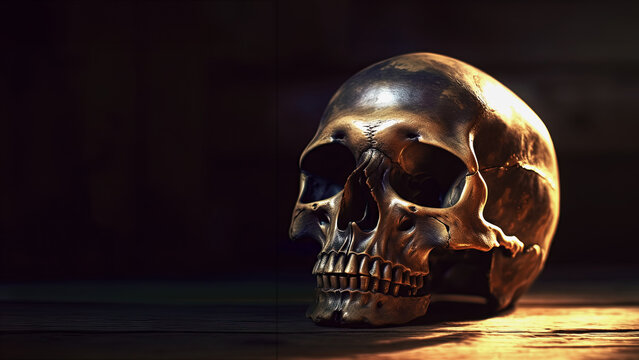a spine-chilling still life portrays a human skull ominously positioned on a wooden plank. The dramatic dark lighting creates an ideal halloween backdrop
