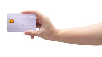 A close-up woman's hand holds a silver platinum credit card isolated on white background.