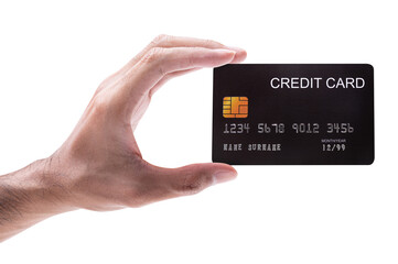 The man's hand holds black credit card isolated on white background...