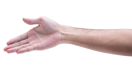 Male hand reach and ready to help or receive. Gesture isolated on white background.