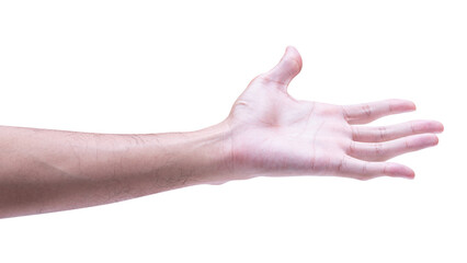 Male hand reach and ready to help or receive. Gesture isolated on white background.