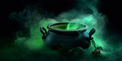Halloween magical witches green bubbling cauldron with fog and mist floating around it with copy space created with Generative AI technology