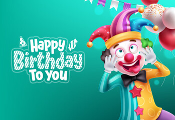 Happy birthday text vector design. Birthday greeting card with funny face clown character and balloons party elements. Vector illustration event invitation background. 