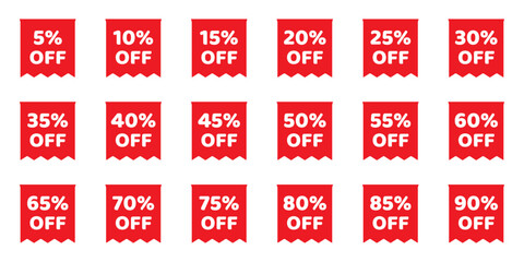 Discount sale off tag, 50, 20, 10, 40, 30, 60, 70, 45, 90, 5, 15 percent. Set sale offer emblem, badge price discount number. Flat offer stamp, sticker clearance sale. Finance product emblem. Vector