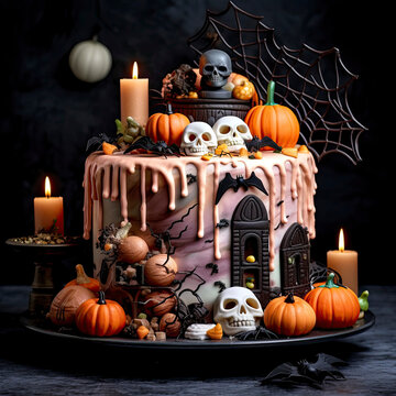 Halloween decorated cake with spooky fondant and icing decorations of skulls and pumpkins with dripping icing created with Generative AI technology