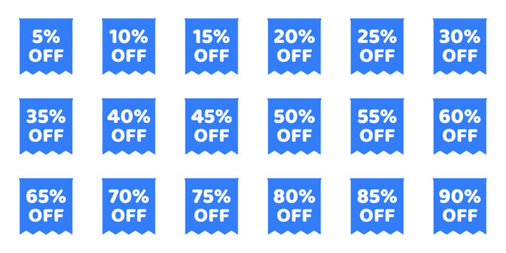 Discount sale off tag, 50, 20, 10, 40, 30, 60, 70, 45, 90, 5, 15 percent. Set sale offer emblem, badge price discount number. Flat offer stamp, sticker clearance sale. Finance product emblem. Vector