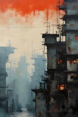 A hauntingly beautiful composition of polluted cityscape with smog filled air. Generative AI