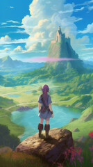 Young adventurer gazing at a beautiful fantasy landscape in anime style
