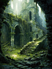 Remains of an abandoned ancient castle overgrown with vegetation