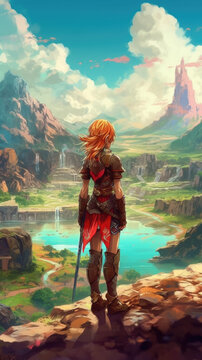 Young adventurer gazing at a beautiful fantasy landscape in anime style
