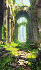 Remains of an abandoned ancient building overgrown with vegetation with an anime style