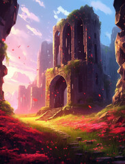 Ruined castle in anime and colorful style