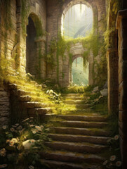 Obraz premium Remains of an abandoned ancient building overgrown with vegetation