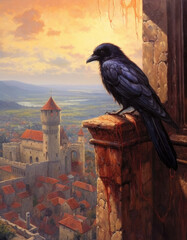 Fototapeta premium Crow perched in a window with a castle in the background