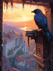 Crow perched in a window with a castle in the background