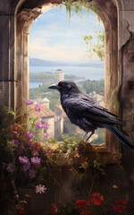 Crow perched in a window with flowers and a medieval landscape in the background