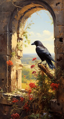 Crow perched in a window with flowers