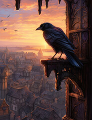 Crow perched in a window with a medieval landscape in the background