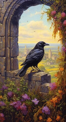 Crow perched in a window with a medieval landscape in the background