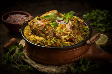 Lucknowi Chicken Biryani: A rich and decadent biryani made with fragrant long-grain rice, succulent chicken pieces. Generative AI.