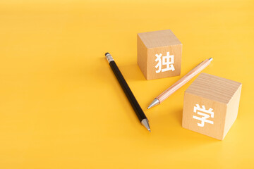 独学と書かれた積み木とペン