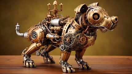 A steampunk robot dog with steam powered limbs and gears. Generative AI
