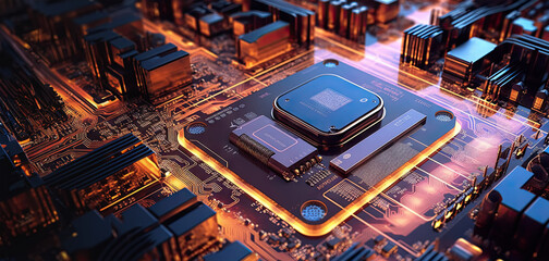 AI generated illustration features an intricately detailed, photorealistic computer circuit board. Focus on the CPU, showcasing innovation in electronic technology