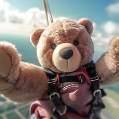 An up close view of a teddy bear holding a parachute during an exhilarating skydive. Generative AI