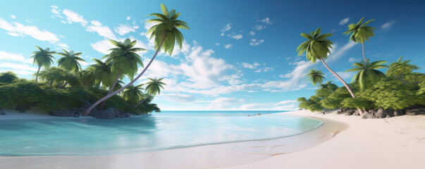 Tranquil and picturesque tropical landscape with palm trees, rocks, and ocean is AI Generative.