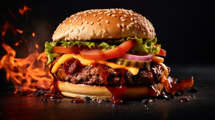 hamburger on black fire background