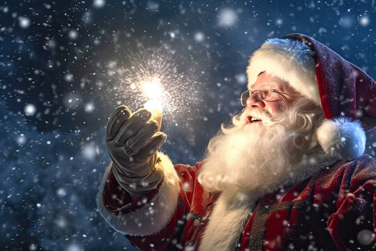 Santa Claus holding a Christmas magic spark in his hands smiling with snow flurries all around him with copy space created with Generative AI technology