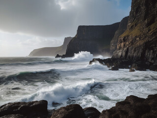 Fototapeta na wymiar Dramatic coastline with towering cliffs and crashing waves.