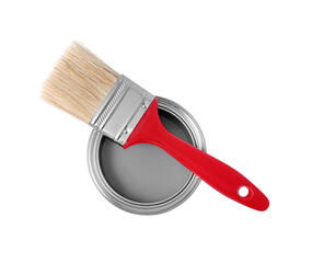 Can with gray paint and brush on white background, top view