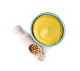 Fototapeta na wymiar Bowl of delicious mustard and scoop with seeds on white background, top view