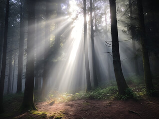 Fototapeta premium Mystical foggy forest with rays of sunlight filtering through the trees.