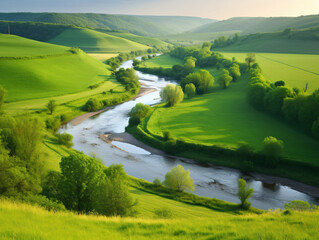 Peaceful countryside with rolling green hills and a meandering river.
