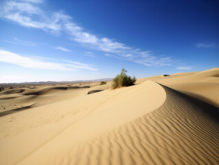 Fototapeta na wymiar Serene desert landscape with towering sand dunes and a clear blue sky.