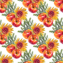 Seamless pattern with watercolor autumn arrangement. Flower sunflower and apple with fir or pine tree on white background. Food and evergreen plant. Harvest for textile. Halloween or wrapping
