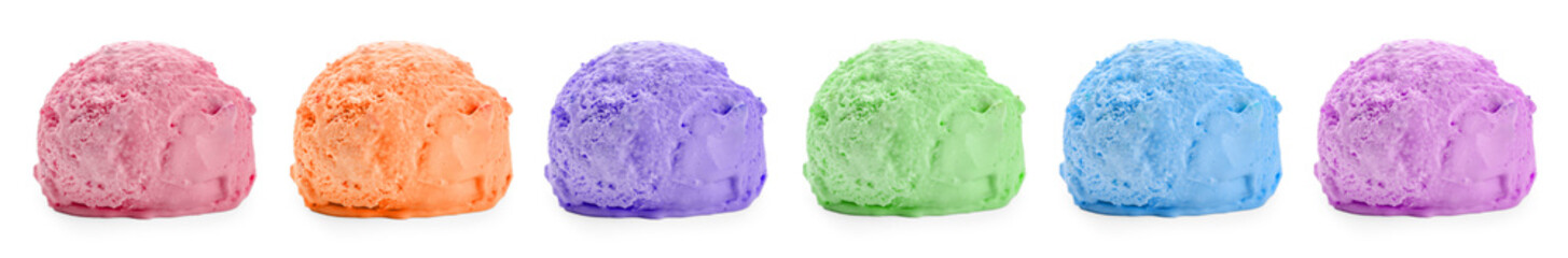 Set of ice cream scoops of different colors and flavors isolated on white